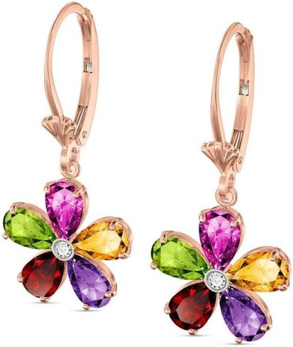 Galaxy Gold GG 14k Solid Rose Gold Leverback Flower Earrings with Multi-Gemstones in Kuwait