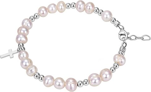 Baby Crystals Beaded Bracelets for Girls, Sterling Silver Cross Charm Bracelet White Cultured Freshwater Pearl, Baby Girl Keepsake, Christening, Baptism Gifts for Girl in Kuwait