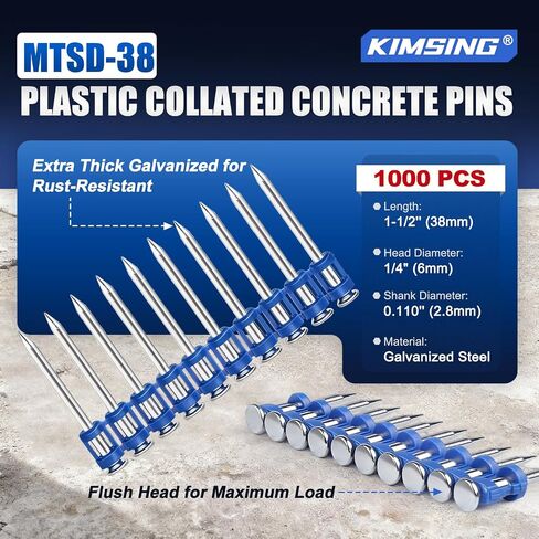 KIMSING MTSD-38 12 مقياس 1 1/2 بوصة × .109 بوصة سلسة من البلاستيك المغطى بالخرسانة والفولاذ دبوس محرك ميكانيكي مجلفن لخرسانة طاقة الغاز ومسامير الصلب 800 قطعة / صندوق (صندوق واحد) in Kuwait