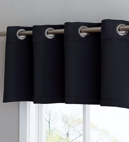LinenZone 1 Scalloped Valance Curtain Panel - Premium Grommet Blackout Drape - 54 inch Wide x 18 Inches Long - Solid Thermal Insulated Draperies (Nicole Scallop 54 x 18, Black) in Kuwait