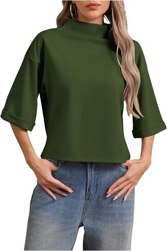 SweatyRocks Women's 3/4 Sleeve Mock Neck Basic Loose T-Shirt Elegant Top in Kuwait
