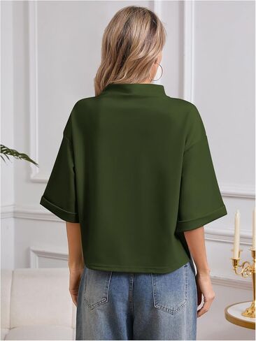 SweatyRocks Women's 3/4 Sleeve Mock Neck Basic Loose T-Shirt Elegant Top in Kuwait
