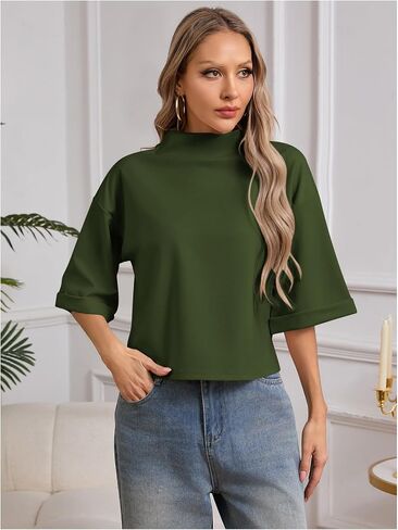 SweatyRocks Women's 3/4 Sleeve Mock Neck Basic Loose T-Shirt Elegant Top in Kuwait