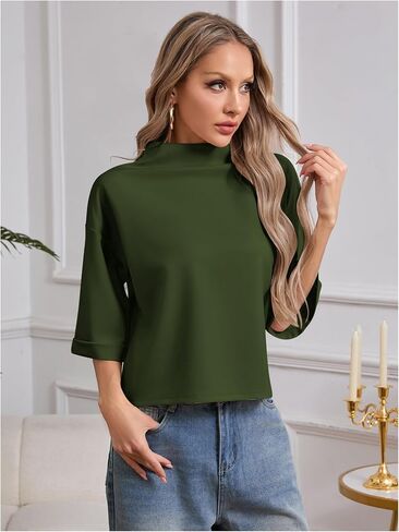 SweatyRocks Women's 3/4 Sleeve Mock Neck Basic Loose T-Shirt Elegant Top in Kuwait
