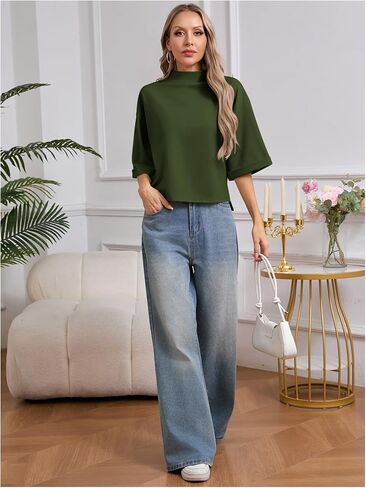 SweatyRocks Women's 3/4 Sleeve Mock Neck Basic Loose T-Shirt Elegant Top in Kuwait