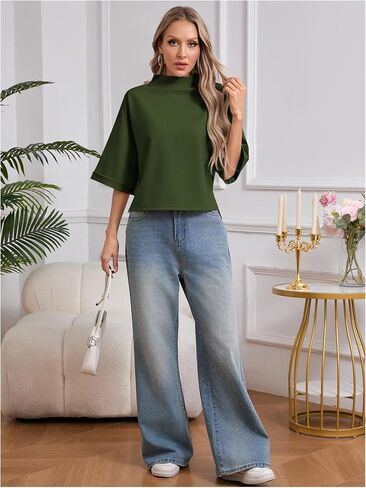 SweatyRocks Women's 3/4 Sleeve Mock Neck Basic Loose T-Shirt Elegant Top in Kuwait