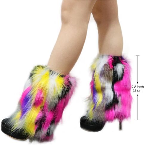 Popuid Tie Dye Women Furry Leg Warmers Faux Fur Boot Covers Fluffies Cuffs, 9.8" Tall (Hot Pink-Turquoise) in Kuwait
