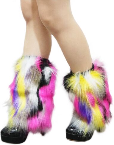 Popuid Tie Dye Women Furry Leg Warmers Faux Fur Boot Covers Fluffies Cuffs, 9.8" Tall (Hot Pink-Turquoise) in Kuwait