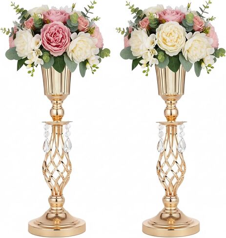 2 Pcs Elegant Metal Gold Floral Vase, Beaded Crystal Gold Trumpet Crown Vase, Perfect for Wedding Banquets, Birthdays, Anniversaries, Holiday Parties and Other Important Event Centerpieces(23.2") in Kuwait