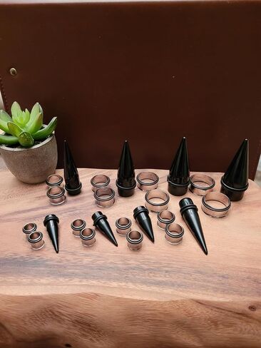 Zaya Body Jewelry 15 Pc Huge Tapers Ear Stretching Kit Black Tapers and Surgical Steel Tunnels 1g-1 inch in Kuwait