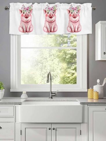 Litter Star Window Valance Rod Pocket Panel for Kitchen Bedroom Windows Farm Cute Pig Valances Short Curtain Bathroom Treatment Drapes Idyllic Pink Flower White in Kuwait