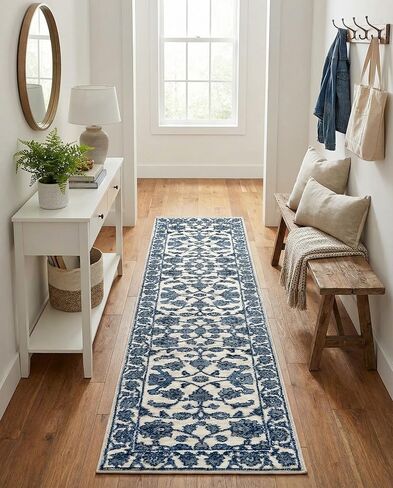 Rugs.com Boston Collection Rug – 6 Ft Runner Blue Low-Pile Rug Perfect for Hallways, Entryways in Kuwait