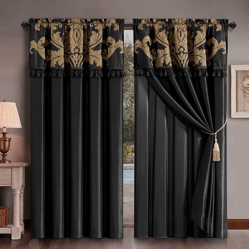 مجموعة Chezmoi Collection Royale مكونة من 4 قطع من ستائر/ستائر نافذة جاكار زهرية مع شرابات شفافة، أسود/ذهبي in Kuwait