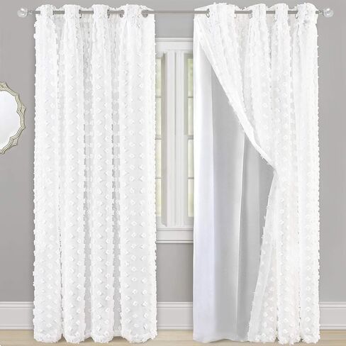 DriftAway White Pinch Pleated Voile Sheer Blackout ThermalCurtain Liner Embroidered with Pom Pom Lined Grommet Curtain for Kids Girls Bedroom Nursery Room 63 Inch Single Panel in Kuwait
