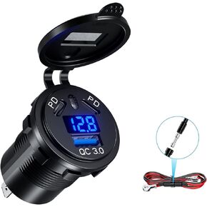 KEWIG 12V USB Outlet Quick Charge 3.0 USB Charger Socket & Dual PD Type - C Ports, USB Cigarette Lighter Socket with ON/Off Switch & Voltmeter, Waterproof Car Chagrer for Car Boat Marine RV Golf Truck
