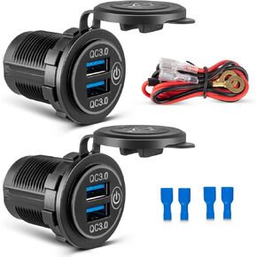 Anina 2pcs USB Charger Socket Dual QC 3.0 Quick Charge 3.0, Outlet Waterproof Charger with LED Voltmeter and Power Switch Fast Charge for 12V/24V Car RV Boat Marine Truck Golf Motorcycle