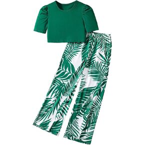 OYOANGLE Girl's 2 Piece Outfits Boho Short Puff Sleeve Round Neck Top Shirts and Wide Leg Pants Sets