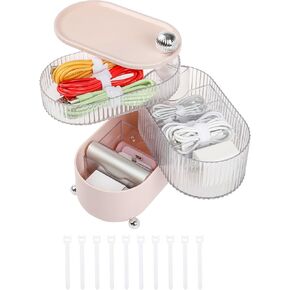 FABROK Rotatable Cable Organizer with 10 Cable Ties, Plastic Cable Organizer with 4-Layer, Electronic Accessories Case for Desk Drawer, Cord Storage Organizer for Headset, Charger, Data Cable(Pink)