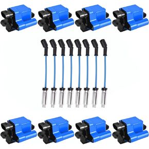 ENA Set of 8 Blue Ignition Coil Pack and Wire Set Compatible with Chevrolet Chevy GMC Cadillac Express Envoy Silverado Suburban Tahoe Savana Sierra 4.8L 5.3L 6.0L 8.1L for UF271 D581 12558693 Square