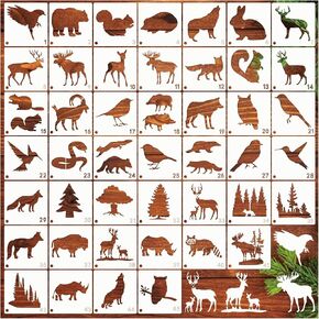 45 قطعة من استنسل حيوانات الغابة للرسم على استنسل شجرة الحياة البرية الخشبية، أنماط حرق الحياة البرية، قالب الدببة الغزلان على قماش جداري فني من القماش الصخري (45 حياة برية) in Kuwait