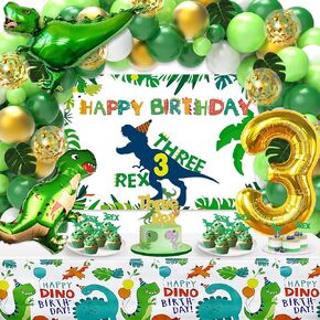 Three Rex Birthday Party Decorations Boy, 3rd Dinosaur Birthday Decorations with 3 Rex Birthday Backdrop Dinosaur Balloon Kit Tablecloth and Cake Toppers for Dino Birthday Decorations for Boys