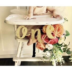 Hongkai Glitter Gold 1st Birthday Highchair Banner Boy Girl Baby Birthday ONE Banner One High Chair Sign Baby First Birthday One Photo Prop Party Decorations