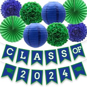 Blue Green Graduation Party Decoration Class Banner Hanging Pom Poms Flowers High School College Grad Supplies
