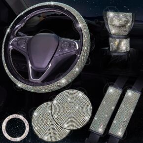 ToBeQueen Bling Car Accessories for Women,7 Pack Sparkly Rhinestone Diamond Steering Wheel Cover Set,Bling Seat Belt Cushion,Shift Knob Cover,Push Start Button Accessories,Car Cup Coaster,Silver