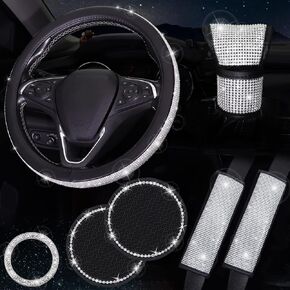 ToBeQueen Bling Car Accessories for Women,7 Pack Sparkly Rhinestone Diamond Steering Wheel Cover Set,Bling Seat Belt Cushion,Shift Knob Cover,Push Start Button Accessories,Car Cup Coaster,Silver