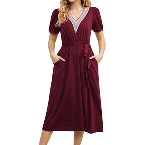 Women's Summer Elegant Short Sleeve V-Neck Double Pockets Dresses Casual Midi Length Flared A Line Dress with Belt 708