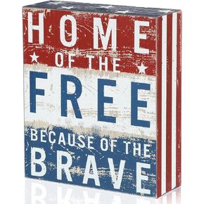 Patriotic Decor July 4th Decor Box Sign Independence Day Patriotic Labor Day Decor 5 x 6 Inch Wood American Flag Patriotic Decor Home of the Free Because of the Brave Farmhouse Rustic Wooden Block …