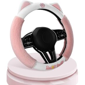 ElekTonny الوردي لطيف القط الشتاء الدافئة القطيفة غطاء عجلة القيادة السيارات للنساء الفتيات، أغطية عجلة القيادة رقيق للنساء، العالمي 38 سم اكسسوارات السيارات in Kuwait