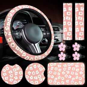 Frienda 10 Pcs Cute Flower Car Accessories Set Floral Steering Wheel Cover Flowers Car Air Vent Clips Car Cup Mats Center Console Pad Seat Belt Covers for Women Ladies Car Decorations (Black)