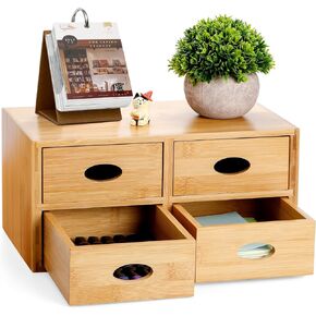 ZOOFOX Bamboo Desk Organizer, 100% Natural Bamboo Tabletop Storage Box with 4 Drawers, Night Stand Table Organizer, Wooden Desktop Drawer Organizer for Makeup Vanity Office Supplies