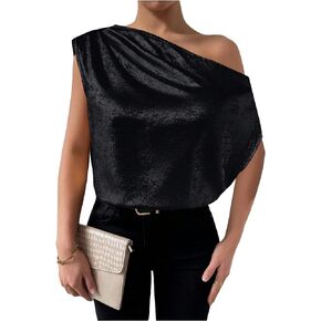 OYOANGLE Women's Metallic Ruched Asymmetrical Neck Short Sleeve Blouses Elegant Loose Fit Tops