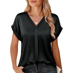 Youtalia Womens Silk Satin Short Sleeve Blouses Business Work Tops V Neck Loose Fit Shirts