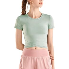 DREAM SLIM Women Crop Tops Short Sleeve Cross Wrap Yoga Gym Shirts Slim Fit Basic Workout Tank Tops