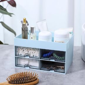 Desk Organizer with 4 Drawers, Makeup Organizer, 4 Compartments for nail polish, Lipstick, Brushes, Jewelry, Skincare, Bathroom Organization Boxes(Blue)