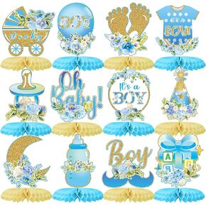 12Pcs Baby Shower Honeycomb Centerpieces Party Decor for Boys,Blue Gold Floral It's a Boys Gender Reveal 3D Table Centerpieces Decoration for Kids Baby Shower Party Photo Props Supplies