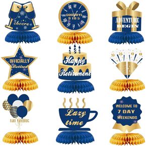 WINPOGEE 9Pcs Happy Retirement Decorations Table Honeycomb Centerpieces Party Supplies Blue Gold Retirement Adventure Awaits Sign for Men Retired Decor Goodbye Retirement Signs