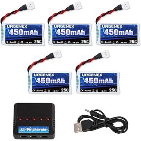 URGENEX 3.7V Drone Battery 450mAh 25C 1S Lipo Battery Fit for SYMA Holy Stone Drone Quadcopter Aircraft Parts 5PCS RC Battery with 5in1 Charger