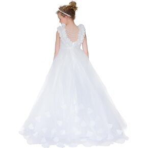 Backless Pearl Flower Girl Dress Wedding Ivory Lace Tulle Princess Birthday Party Dress with Train/Chiffon Flower Petals