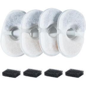 PRICUSPET 4 Pack Replacement Filters & 4 Pack Pre-Filter Sponges Set for 68oz Honey Bee Pet Water Fountain, Automatic Cat Water Fountain Dog Water Dispenser.