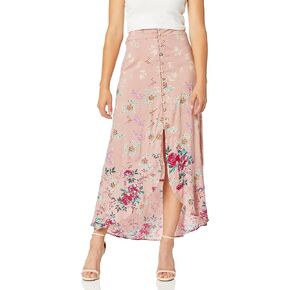 Angie Women's Rose Printed Button Front Ruffle Hem Skirt