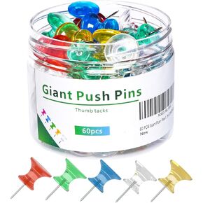 UpdateClassic 60 PCS Gaint Push Pins, 1 Inch, Jumbo Thumb Tacks, Steel Point and Plastic Head, Large Thumbtacks for Bulletin Board Cork Board, Long pushpins for Wall (Colorful)