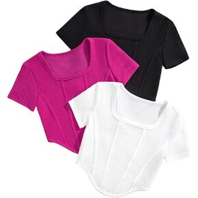 SHENHE Girl's 3 Pieces Square Neck Short Sleeve Basic Tee Asymmetrical Cute Crop Tops