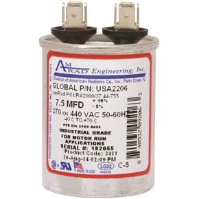 AMRAD ENGINEERING USA2206 Series Round USA-Made Motor Run Capacitor, 7.5 Mfd, 370/440 Vac-132322