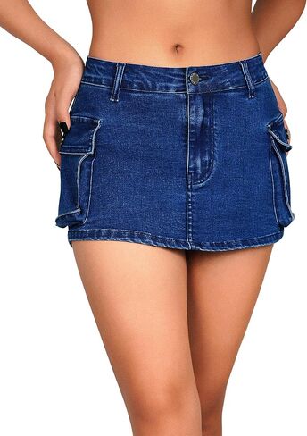 roswear Women's High Waisted Mini Jean Skorts Denim Stretchy Cargo Shorts with Pockets in Saudi Arabia
