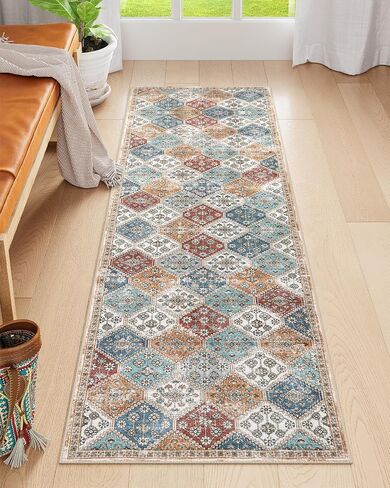 Morebes Machine Washable Runner Rug Non Slip 2x8, Moroccan Trellis Hallway Runner Rug 8 ft,Vintage Soft Ultra-Thin Indoor Throw Carpet for Entryway Bedroom Laundry Room, Blue/Multi in Saudi Arabia