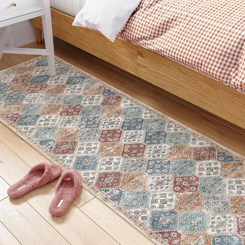 Morebes Machine Washable Runner Rug Non Slip 2x8, Moroccan Trellis Hallway Runner Rug 8 ft,Vintage Soft Ultra-Thin Indoor Throw Carpet for Entryway Bedroom Laundry Room, Blue/Multi in Saudi Arabia